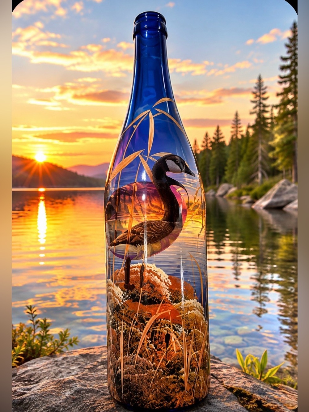 decorative hand-painted glass bottle featuring a goose in a marsh scene